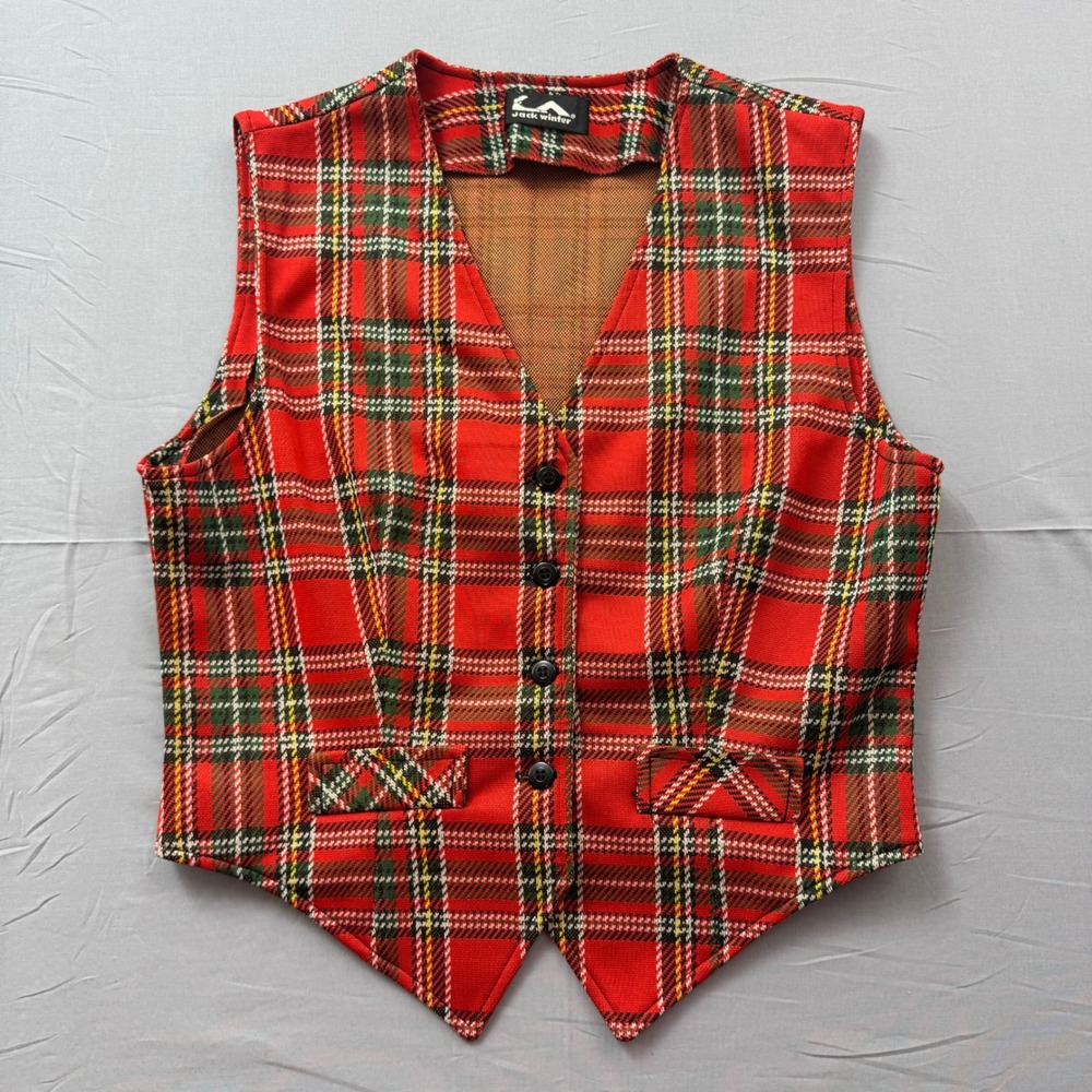 Vintage Jack Winter Red Plaid Button Front Vest V-Neck Tailored Knit Red Green